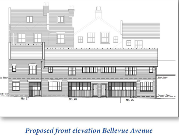 Lot: 72 - SITE WITH PLANNING FOR FIVE HOUSES IN TOWN CENTRE - Proposed front elevation Bellevue Road